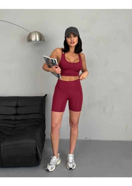 Yüksek Bel Toparlayıcı Çapraz Sırt Detaylı Slim Fit Kadın Tayt Takım