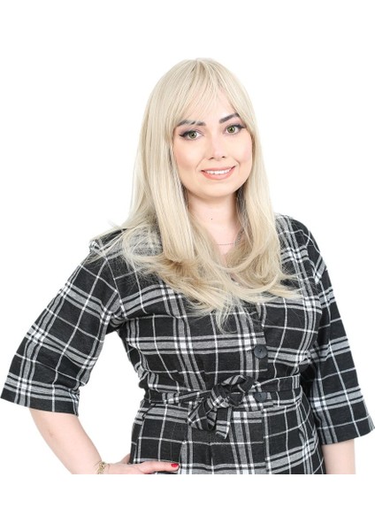 Düz Perçemli Orta Boy Fiber Sentetik Peruk / Balköpüğü / Platin Röfleli