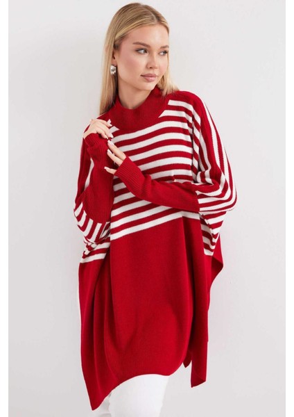 Çizgili Triko Satandart Beden Panço