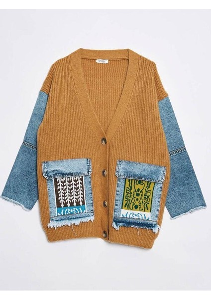 94115 Jean Detaylı Triko Hırka Karamel