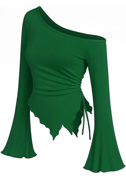 Kadın Yeşil Uzun Ispanyol Kollu Asimetirik Yaka Yandan Bağlamalı Drapeli Bluz