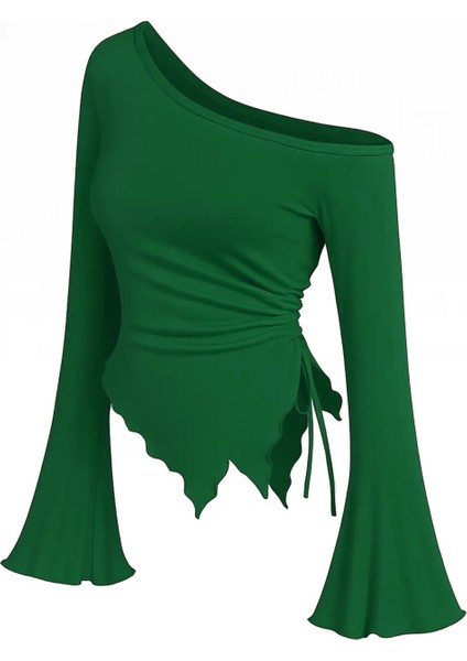 Kadın Yeşil Uzun Ispanyol Kollu Asimetirik Yaka Yandan Bağlamalı Drapeli Bluz modelleri