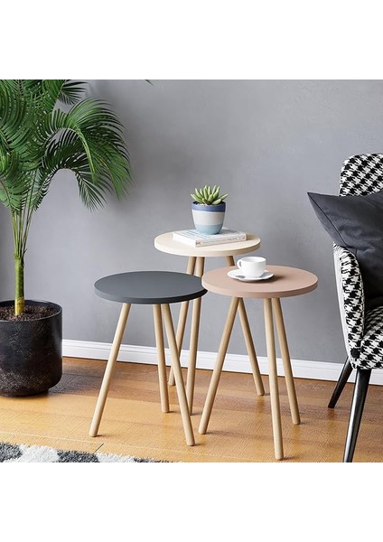 Üçlü Zigon Sehpa Ahşap Ayaklı Yuvarlak Pastel Tasarım (Cappuccino,gri,krem)