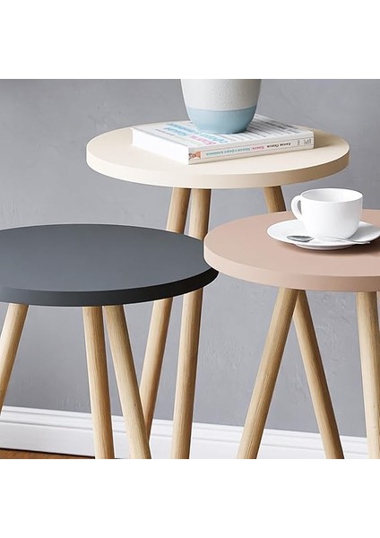 Üçlü Zigon Sehpa Ahşap Ayaklı Yuvarlak Pastel Tasarım (Cappuccino,gri,krem) modelleri
