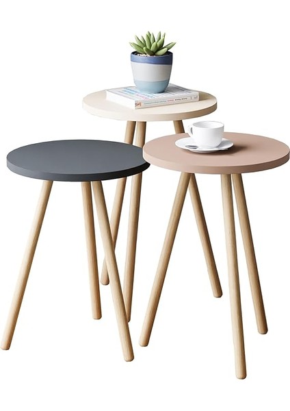 Üçlü Zigon Sehpa Ahşap Ayaklı Yuvarlak Pastel Tasarım (Cappuccino,gri,krem) fırsatları