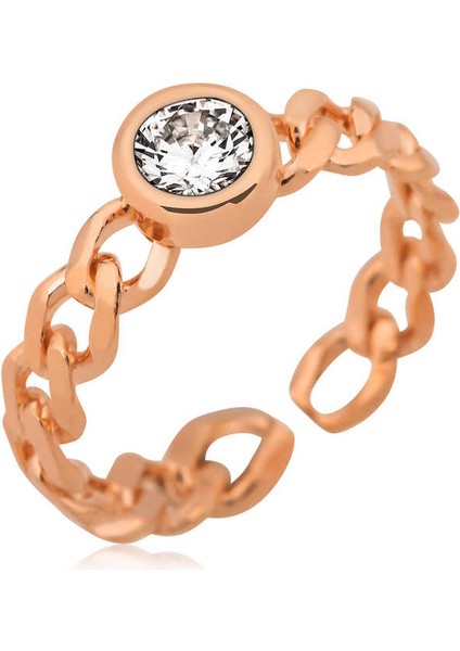 925 Ayar Gümüş Rose Zincir Desenli Tek Taş Yüzük T4298 (292292)