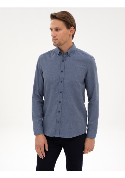 Erkek Koyu Mavi Flanel Dokulu Slim Fit Uzun Kollu Gömlek 50316751-VR032