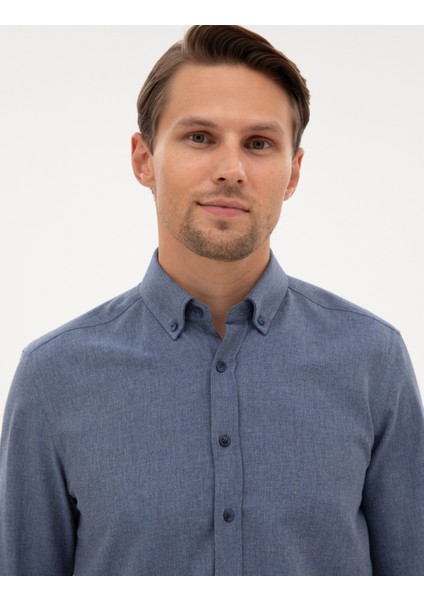 Erkek Koyu Mavi Flanel Dokulu Slim Fit Uzun Kollu Gömlek 50316751-VR032 fiyatları