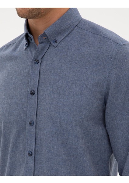 Erkek Koyu Mavi Flanel Dokulu Slim Fit Uzun Kollu Gömlek 50316751-VR032