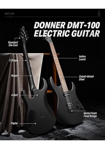 Katı Gövde Elektro Gitar, DMT-100, 90 cm (39 Inç)Metal Elektro Gitar Kitleri, H-H Manyetikler, Çanta, Teller, Askı, Tel, Rock Müzik Severler Için Teller Sönümleyici (Siyah) modelleri