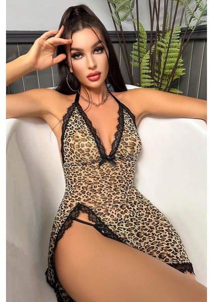 Kadın Leopar Desenli Derin V Yaka Dantel Detaylı Yırtmaçlı Gecelik fiyatları