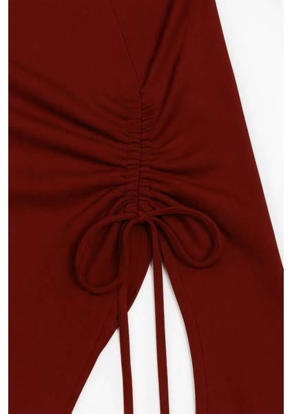 Kadın Bordo Uzun Ispanyol Kollu Asimetirik Yaka Yandan Bağlamalı Drapeli Bluz fırsatları