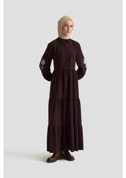 Nakışlı Katlı Elbise 25KD1121 Kahverengi fiyatları