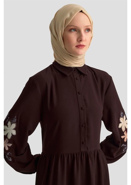 Nakışlı Katlı Elbise 25KD1121 Kahverengi fırsatları