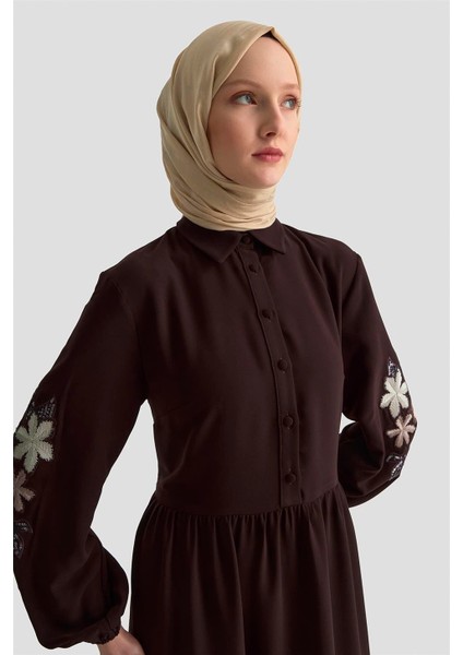 Nakışlı Katlı Elbise 25KD1121 Kahverengi indirimleri