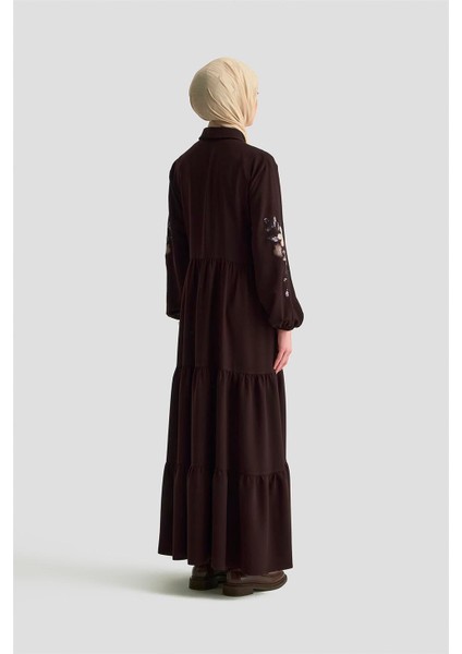 Nakışlı Katlı Elbise 25KD1121 Kahverengi