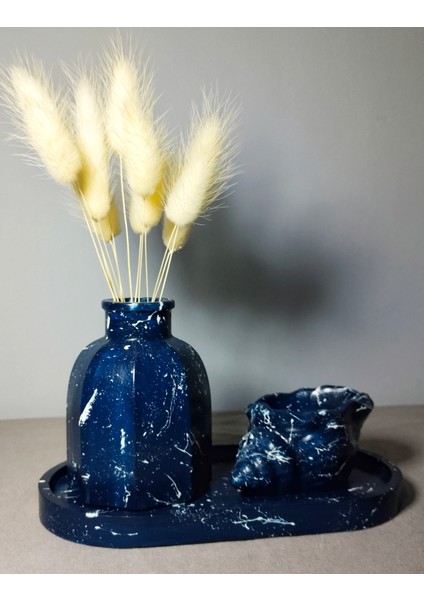 El Yapımı Lacivert Beton Vazo & Takı Tabak Seti – Şık ve Fonksiyonel Masa Üstü Dekor 3' Lü Set