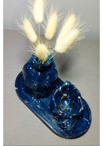 El Yapımı Lacivert Beton Vazo & Takı Tabak Seti – Şık ve Fonksiyonel Masa Üstü Dekor 3' Lü Set modelleri