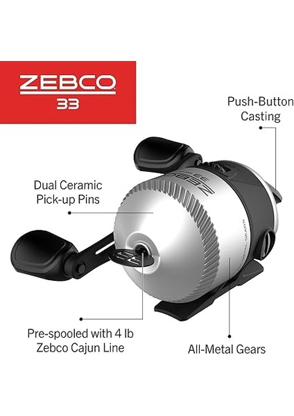 33 Mikro Spincast Olta Makarası, Boyut 10 Makara, Değiştirilebilir Sağ Veya Sol El Alma, Dahili Isırma Uyarısı, 1,8 kg Zebco Cajun Ipi ile Önceden Sarılmış, Gümüş/siyah fırsatları
