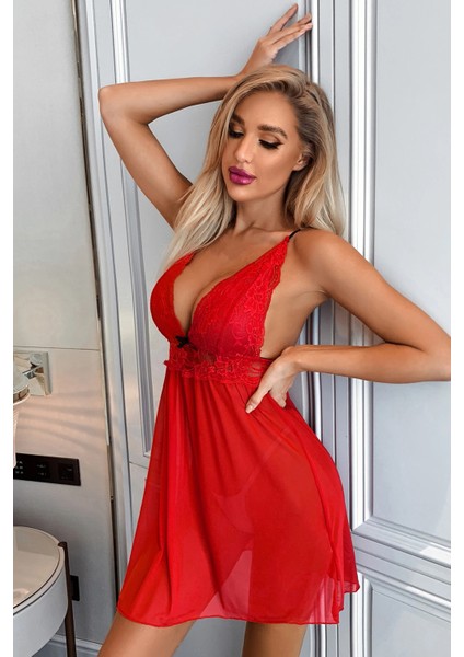 Kadın Kırmızı Dantel Detaylı Fantazi Gecelik Takım