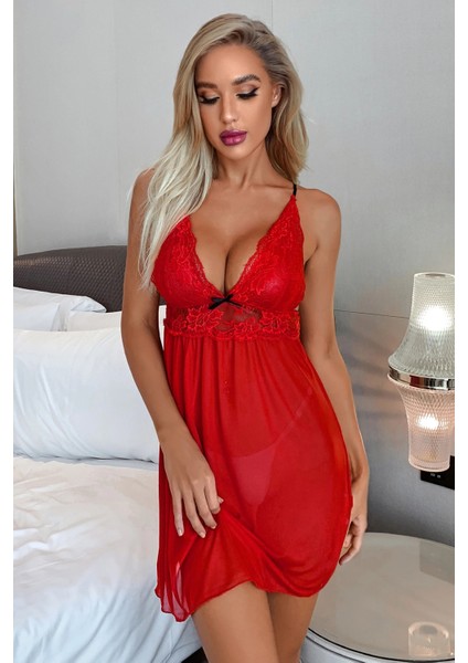Kadın Kırmızı Dantel Detaylı Fantazi Gecelik Takım modelleri