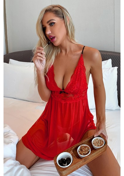 Kadın Kırmızı Dantel Detaylı Fantazi Gecelik Takım indirimleri