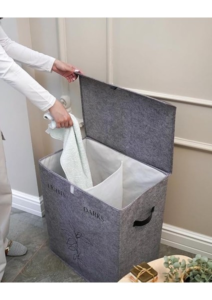 Kirli Çamaşır Sepeti Büyük Küçük Seçenekli Katlanır Sepet Banyo Selesi Çok Amaçlı Keçe Kutu Oyuncak Sepeti (2 Bölmeli: 60X53X33CM) fırsatları