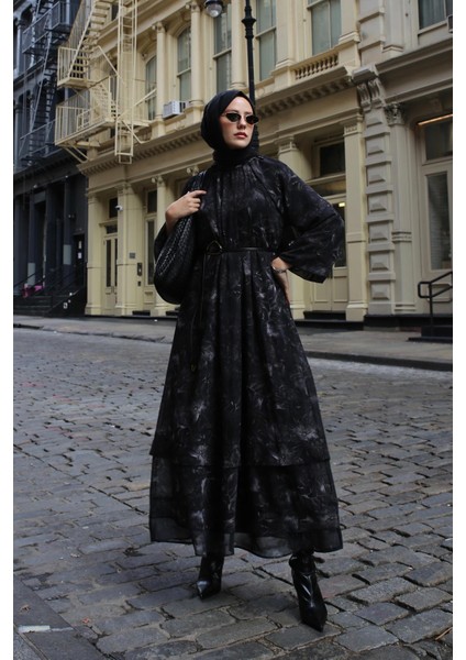 Desenli Katlı Elbise 25KM1022 Siyah fiyatları