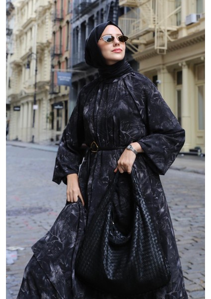 Desenli Katlı Elbise 25KM1022 Siyah modelleri