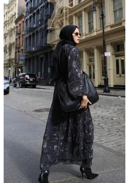 Desenli Katlı Elbise 25KM1022 Siyah fırsatları