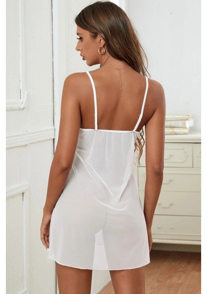 Kadın Beyaz V Yaka Dantel Detaylı Tül Gecelik