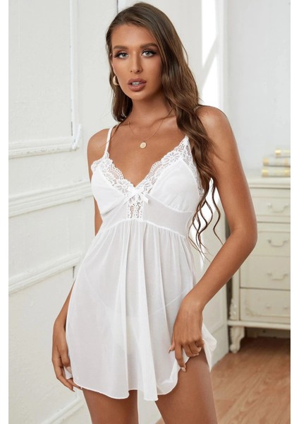 Kadın Beyaz V Yaka Dantel Detaylı Tül Gecelik fiyatları