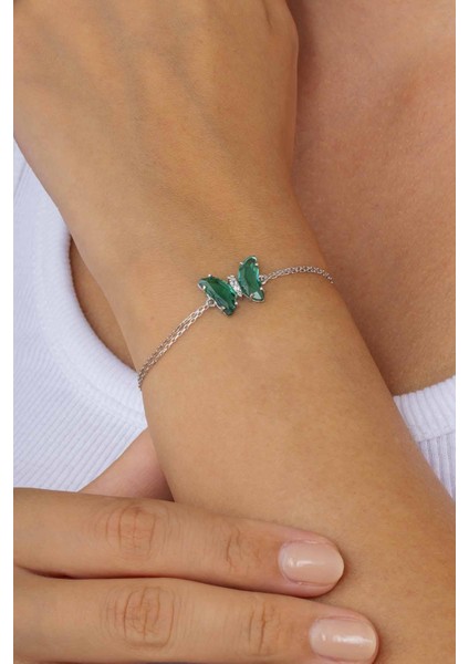Yeşil Taşlı Kelebek Gümüş Bileklik