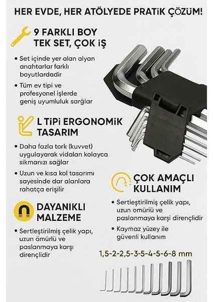9 Parça Altıgen Alyen Anahtar Seti – Farklı Boyutlarda Hex Takım | Bisiklet, Mobilya, Makine Montajı ve El Aletleri Kullanımı Için Uygun | Ergonomik L Tipi Anahtar Seti fiyatları