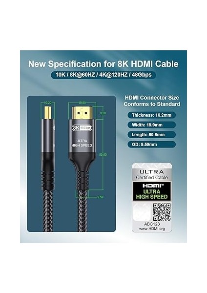 10K 8k HDMI 2.1 Kablo 5m, Sertifikalı 48GBPS Ultra Yüksek Hızlı HDMI Kablosu ile Ethernetli 4K 240Hz 165Hz 144Hz 120Hz 8K60Hz Earc Hdcp2.3 HDR10+ Pc Tv Monitör Projektör Ps5 X-Box modelleri