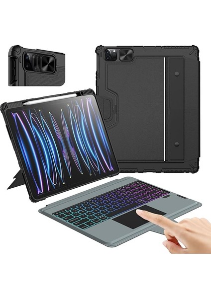 iPad Air 13 Inç Klavyeli Kılıf (M3 2025/M2 2024), iPad Pro 12.9 (6/5/4/3 Nesil) Için Klavye, Çoklu Dokunmatik Izleme Pedi, Ayarlanabilir Stand, Arka Plan Aydınlatmalı Çıkarılabilir Klavye,