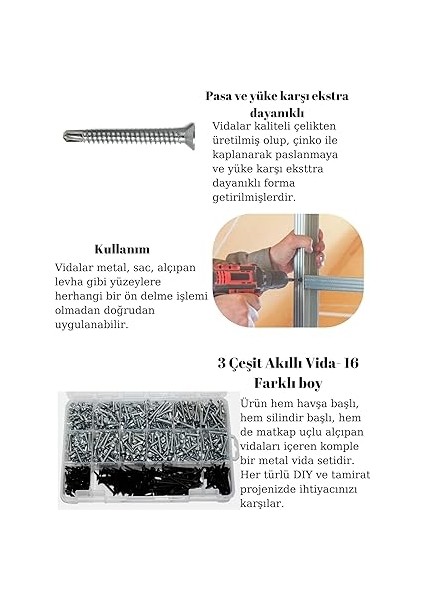 555 Adet 16 Çeşit Matkap Uçlu Vida Seti, Yhb Akıllı Vida,ysb Akıllı Vida ve Alçıpan Vidası modelleri