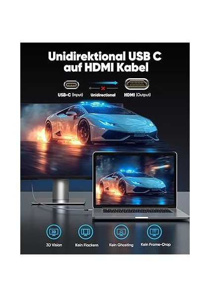 USB C HDMI Kablosu 4K@60Hz 1.8m, Tip C HDMI UHD Thunderbolt 4/3 iPhone 17/16/15 Pro Max ile Uyumlu, MacBook Pro/air, iPad Pro/air Için, Surface, Galaxy Vb. Için modelleri