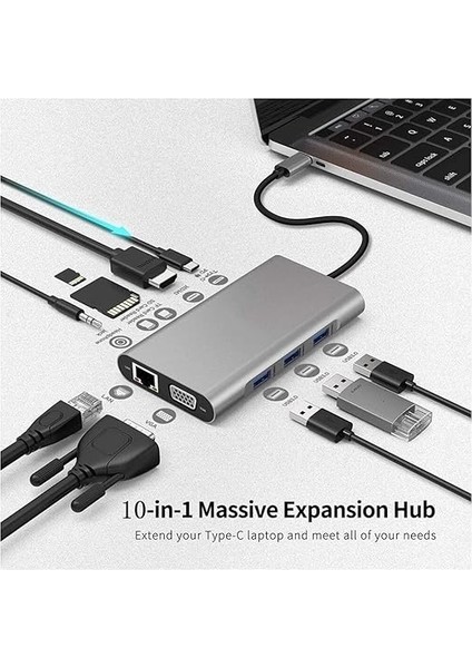 FC31 Macbook Uyumlu Type-C™ Usb-C To 4* USB 3.0 4K 1080P Hd HDMI VGA RJ45 Pd Aux Ses Sd Tf Kart 11IN1 Çevirici Hub Adaptör fiyatları
