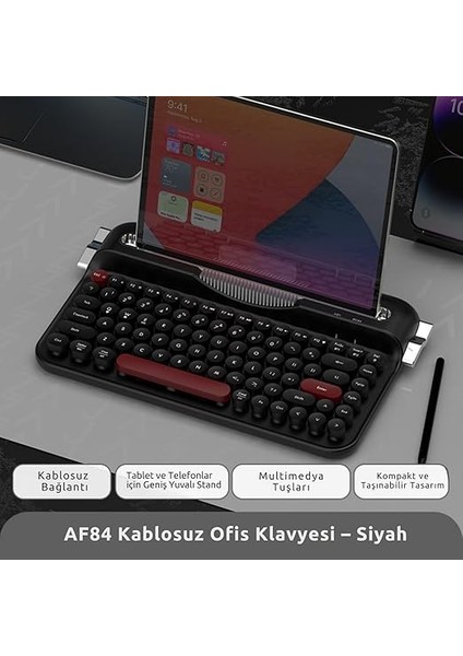 Kablosuz Bluetooth & 2.4g Çift Modlu Retro Daktilo Tasarımlı Klavye – Yuvarlak Tuşlu, Tablet & Telefon Standlı, Ergonomik, Taşınabilir, Pille Çalışan, Sessiz ve Konforlu Ajazz AF84 Siyah fiyatları
