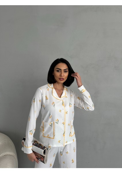 Özel Örme Kumaş Baskılı Uzun Kollu Kadın Pijama Takımı