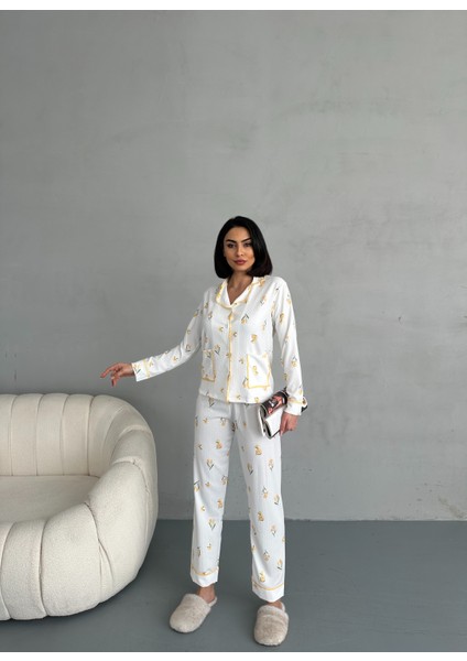 Özel Örme Kumaş Baskılı Uzun Kollu Kadın Pijama Takımı modelleri