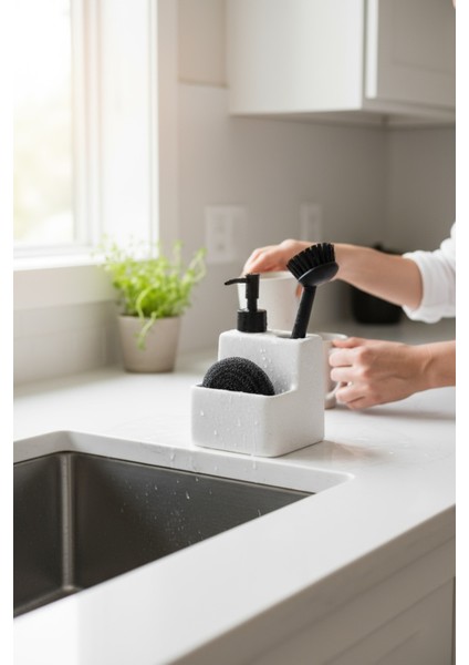 3'lü Sıvı Sabunluk Seti Pinterest Model Sünger & Fırça & Sıvı Sabunluk(Beyaz)