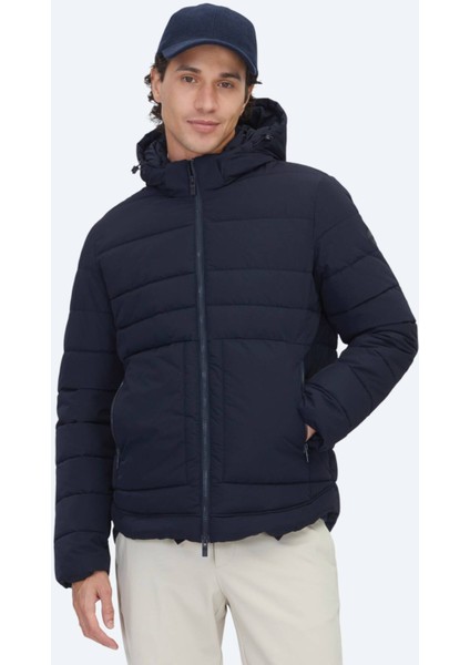 Lacivert Regular Fit Kapüşonlu Casual Dokuma Mont