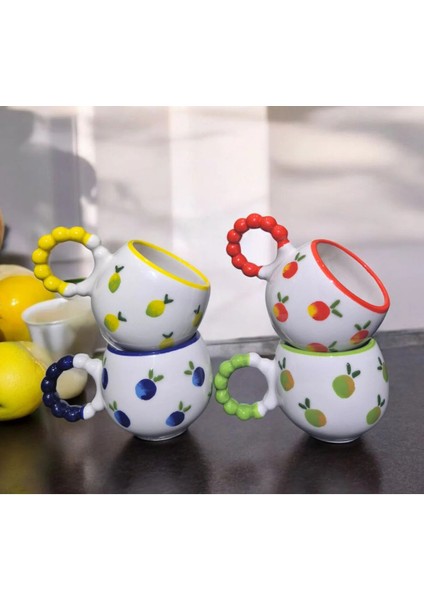 4 ' Lü Inci Kulp Detaylı Meyve Desenli Özel Kabartmalı El Işlemeli Seramik Kupa