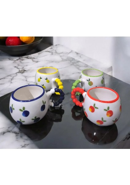 4 ' Lü Inci Kulp Detaylı Meyve Desenli Özel Kabartmalı El Işlemeli Seramik Kupa fiyatları
