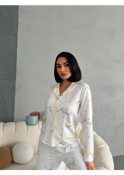 Özel Örme Kumaş Baskılı Uzun Kollu Kadın Pijama Takımı