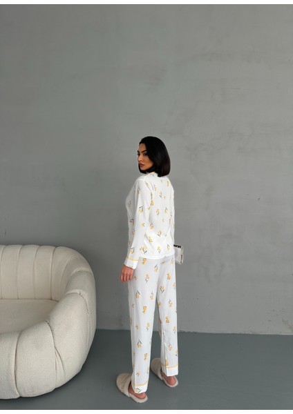 Özel Örme Kumaş Baskılı Uzun Kollu Kadın Pijama Takımı