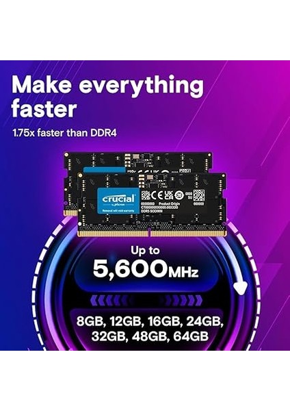 Dram 24GB Kit (2X12GB) Ddr5 5600MHZ (Or 5200MHZ Veya 4800MHZ) Laptop Memory CT2K12G56C46S5 modelleri
