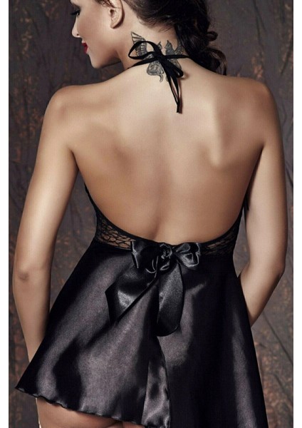 Kadın Siyah Saten Dantelli Dekolteli Gecelik